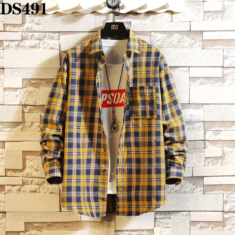 DS491-Yellow Зимняя брендовая хлопковая клетчатая Повседневная рубашка в консервативном стиле, мужские Модные осенние Топы с длинными рукавами, уличная одежда, корейские японские рубашки для мужчин - Цвет: DS491-Yellow