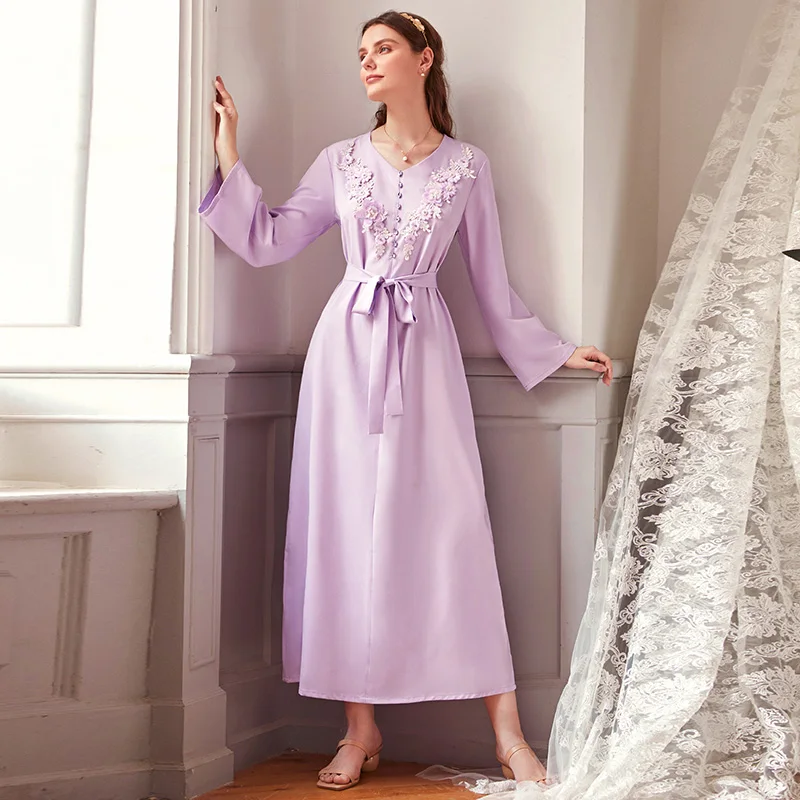 Женское платье с V-образным вырезом, светильник-Фиолетовое длинное платье с длинным рукавом
