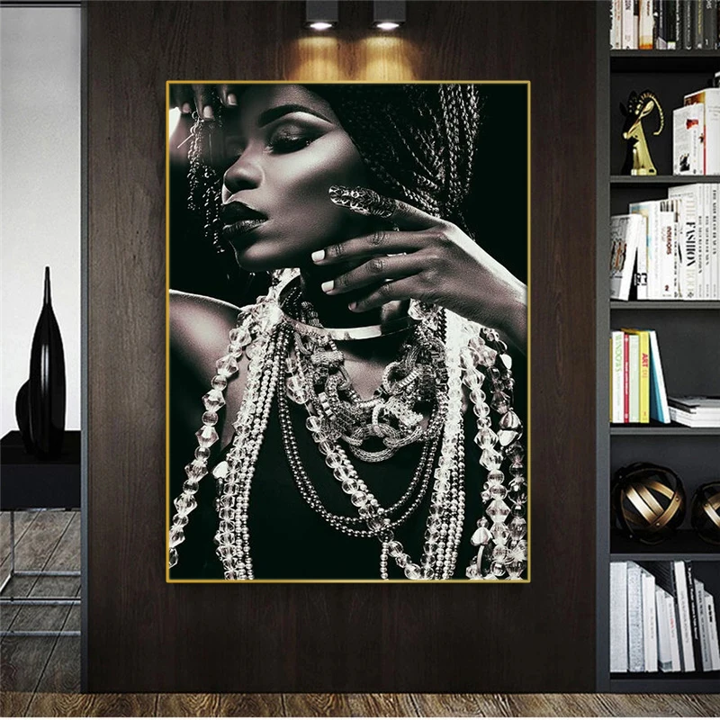 

African woman portrait with jewelry wall art black woman art oil painting mural poster and printed canvas living room decoration