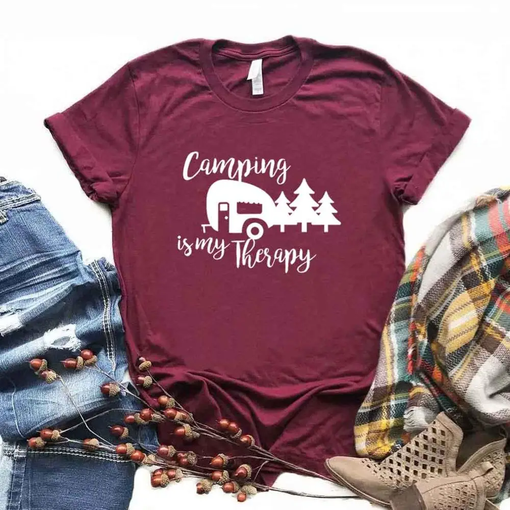 

Hipster Funny T-shirt Gift Lady Yong Girl 6 Color Top Tee Camping Is My Therapy Hiking Adve Women Tshirt