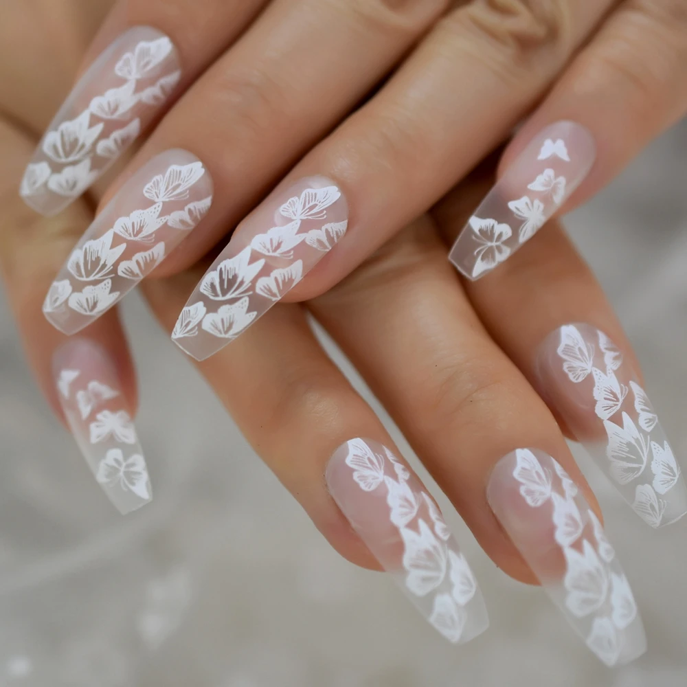24pc Butterfly French Ballerina Coffin False Fake Nails Extra Long Press on Party Finger Wear Nail Tips 1 Sheet Jelly Sticker | Красота и