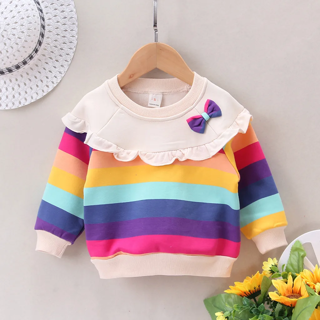 Пуловер в радужную полоску для маленьких девочек топы футболка повседневная