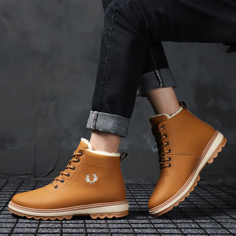 

Men's Winter Snow Boots Cotton Fur Boots Thick Velvet Round Toe Lace-up Flat Casual Shoes, Warm and Velvet High-top Martin Boots