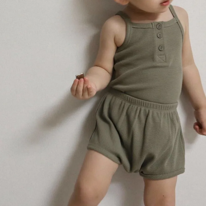 

Children's Sleeveless Top Casual Shorts Suit Summer Baby Knitted Sling Tops+Shorts Kids Clothing Home Service Sets WT663