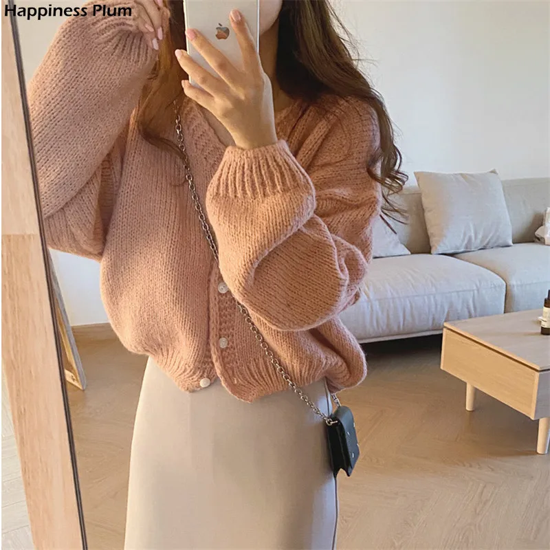 

Autumn Winter Sweater Tops Korean Style Long Sleeve 2020 New V-Neck Solid Single Breasted Knitted Cardigan Coat