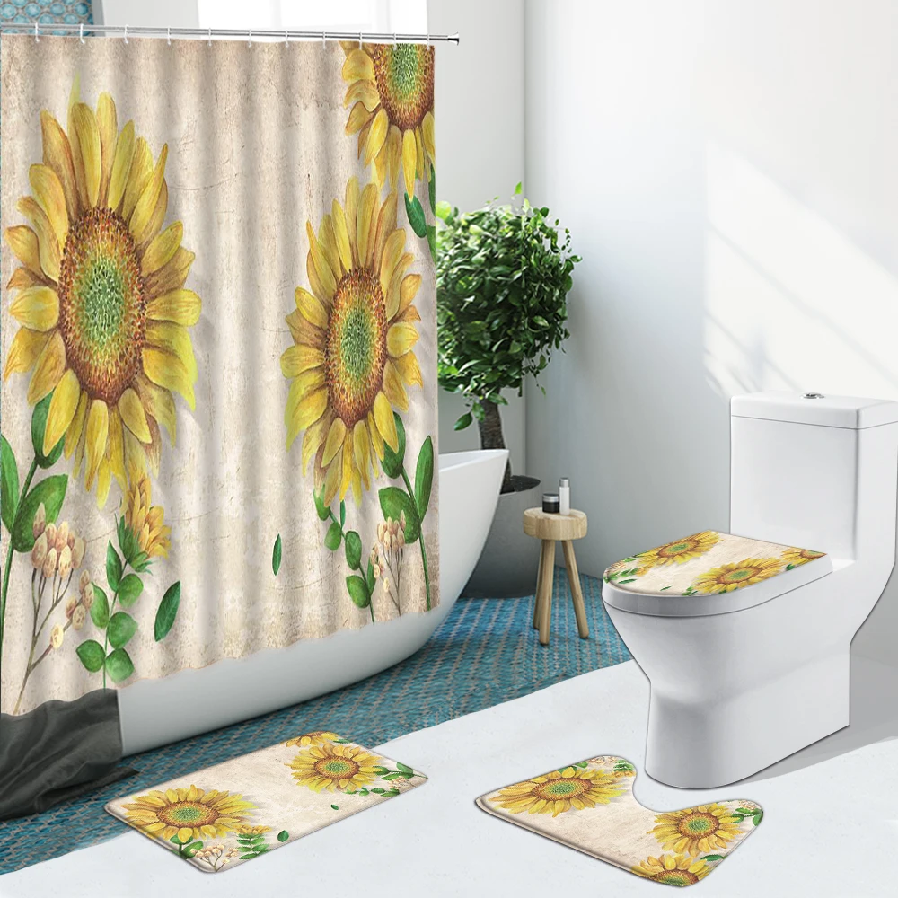 Goedkoop Kleurrijke Rose Zonnebloem Geschilderd Bloem Badkamer Set Douchegordijn Stof Antislip Tapijten Flanel Wc Tapijt Decor Met Haken