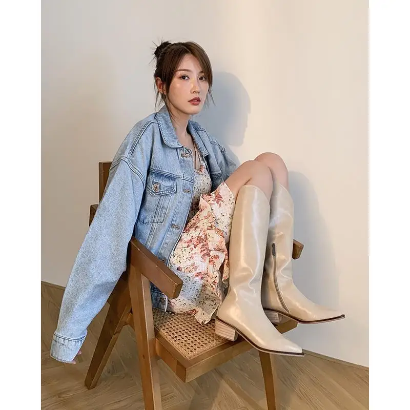 

2022 New Women Beige High Heels Wedges Long Boots Lady Riding Cowboy Boots Winter Designer Pointed Toe Knee Thigh High Boots