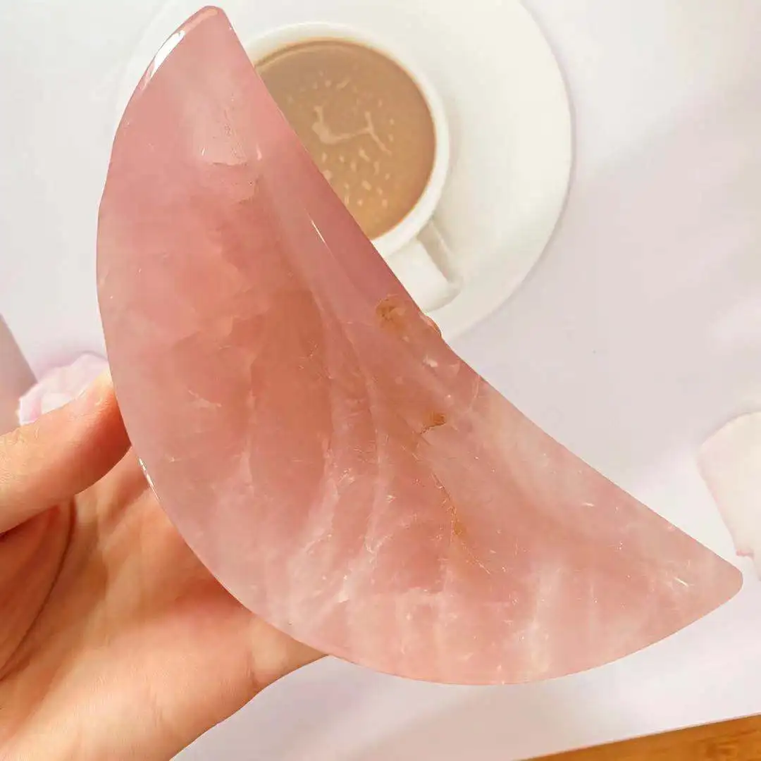 

Natural rose crystal moon bowl energy gem healing home decoration gift