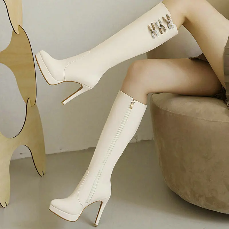 

2021 Women Knee High Boots Platform Thin High Heel Ladies Calf Boots Faux Leather High Quality Women Dress Boots Plus Size 45