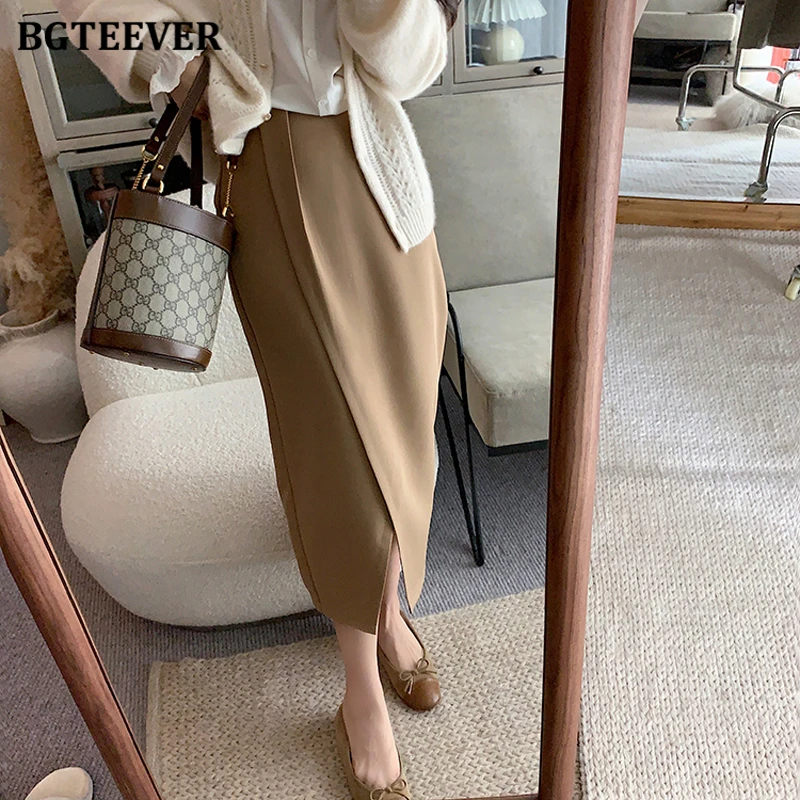 

BGTEEVER Elegant Chic Ladies Package Hip Long Skirts Autumn Winter New Fashion High Waist Female Split Pencil Skirts 2021