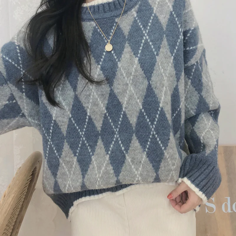 Женский свитер осень-зима 2019 Модный повседневный свободный в клетку с круглым