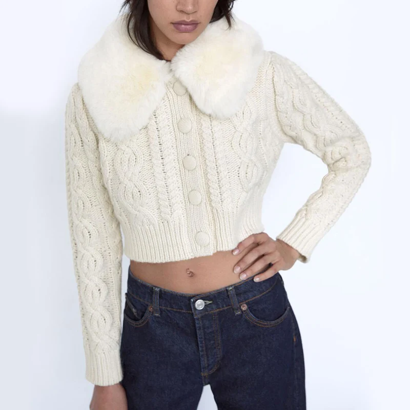 

Теплый свитер из искусственного меха с отложным воротником, женские модные элегантные однотонные короткие свитера с длинным рукавом, Женск...