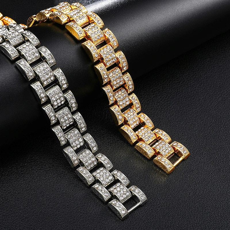 Хип хоп Iced Out Bling цвета: золотистый, серебристый полный часы со стразами группа звено цепи браслеты для мужчин рэппер ювелирные изделия