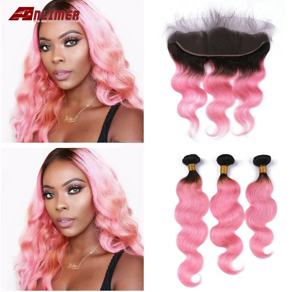 Anlimer Ombre 1B/розовые бразильские волнистые человеческие волосы Remy пряди с 13x4