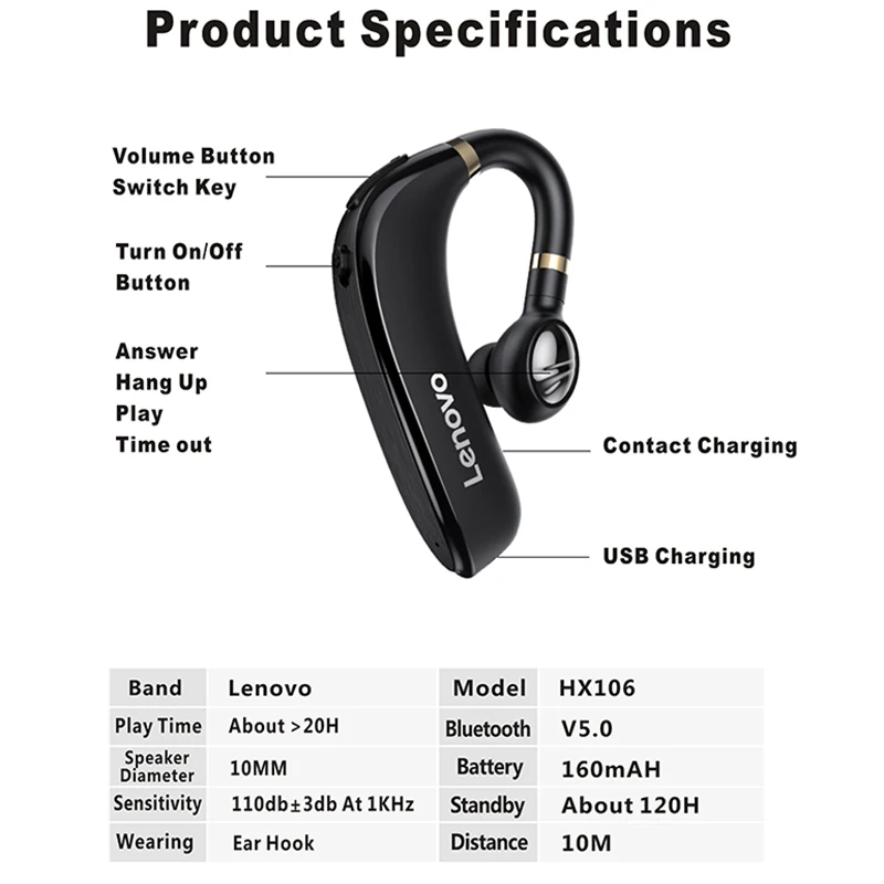 

Lenovo Bluetooth Earphone Pro Ear Hook Wireless Headset With Microphone For iPhone xiaomi Handsfree Sports Headphones Earbud