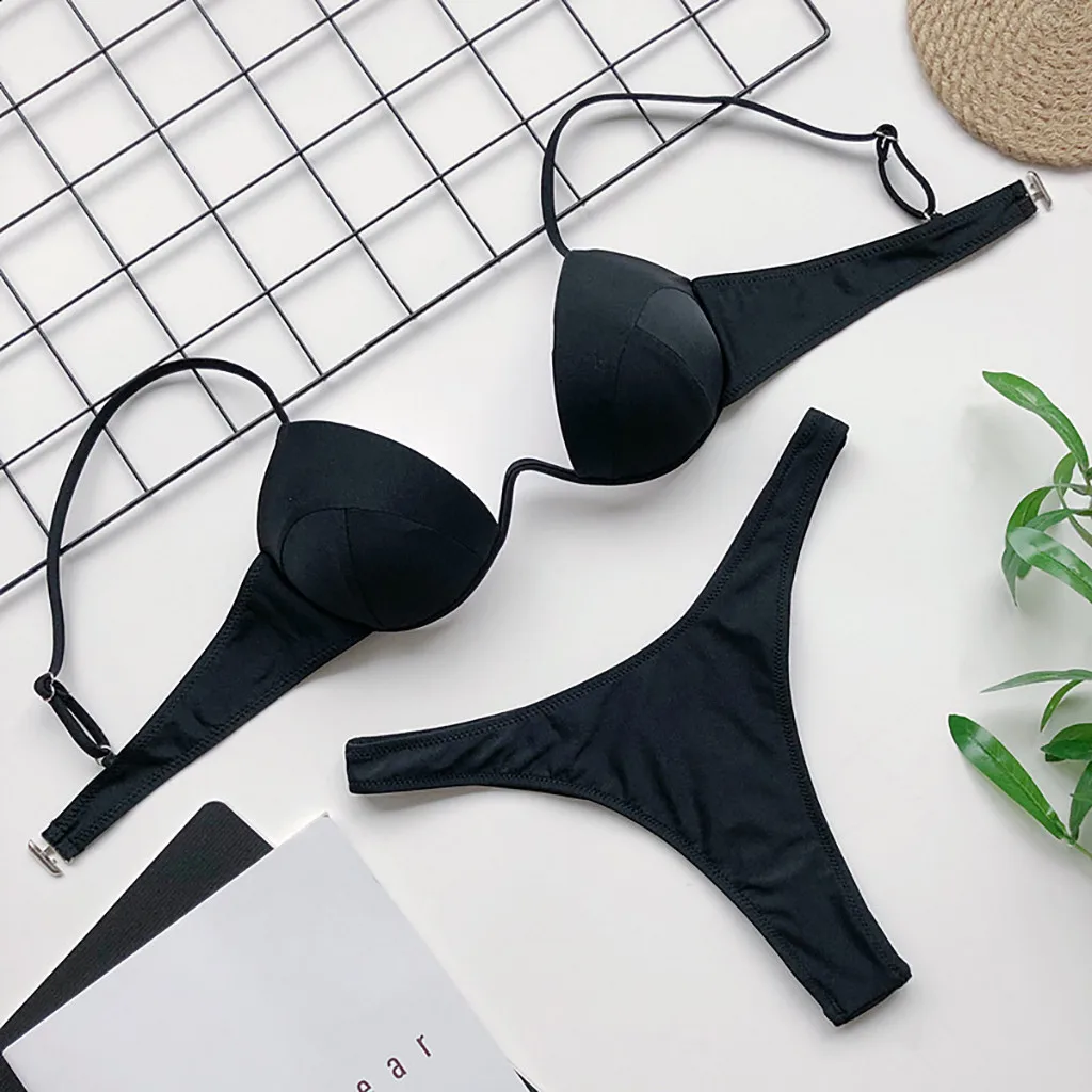

Women's Bikini Solid Set Swimsuit Two Piece Filled Bra Swimwear Bathing Suits Bodysuits Beach wear Deep V-neck Beachwear