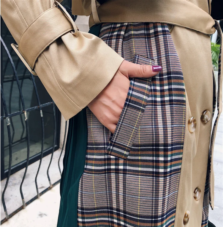 2019 осенний хаки клетчатый лоскутный плащ женская уличная длинная куртка