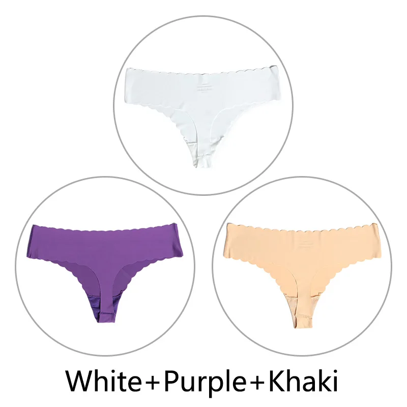 White Purple Khaki 3 шт./партия ультра-тонкий открытый Шелковый бесшовный стринги с низкой посадкой, цельные сексуальные трусики-стринги, нижнее белье для женщин, танга XS-L, американский размер - Цвет: White Purple Khaki
