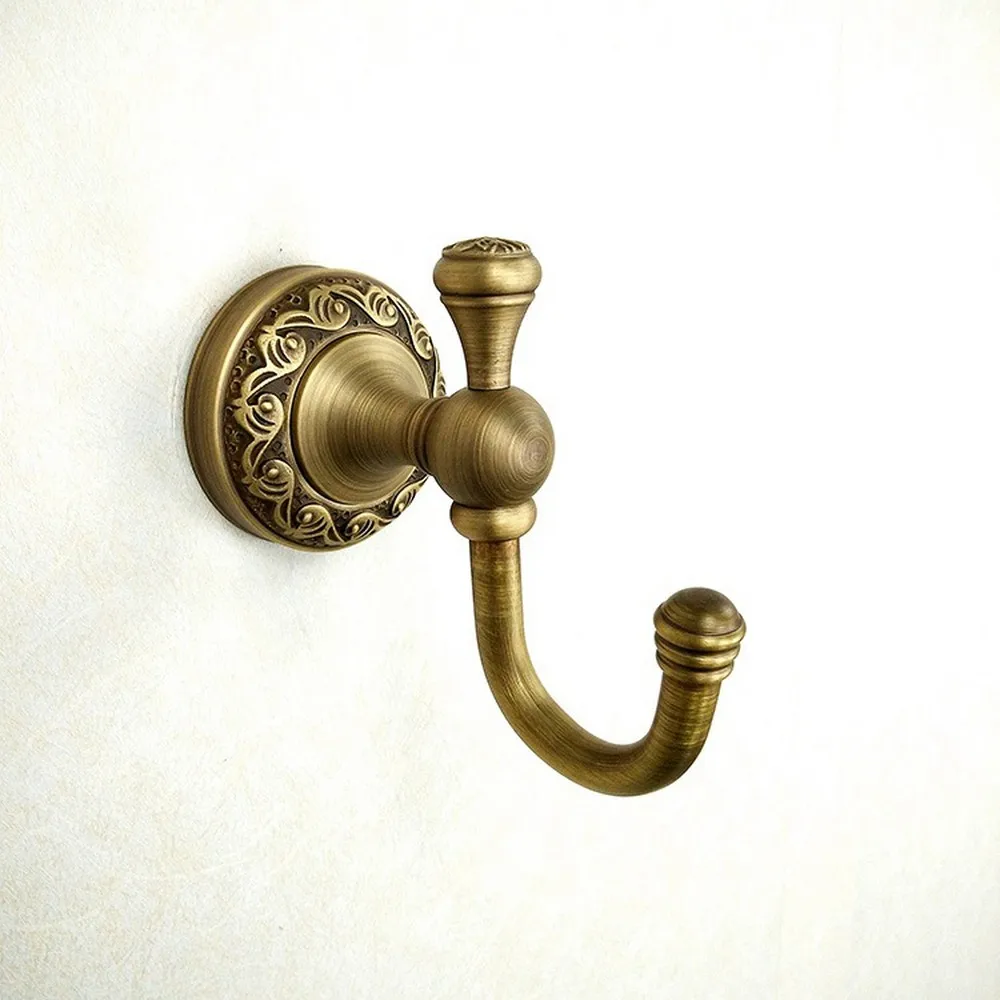 

European Brass Carving Brushed Clothes Hook Robe Hook Vintage Wall Mount Bathroom Decoration Accessories Bronze Coat Hook