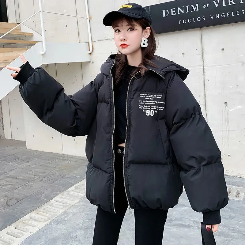 New Winter Korean Version Girl Design Fashion Loose Print Bread  Jacket College Style Couple Thick Cotton Coat Woman Clothes Top