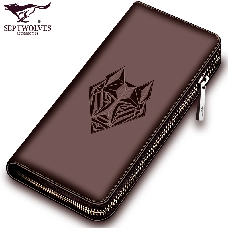 

Septwolves Fashion Men Wallets Genuine Leather Long Zipper Clutch Purse Phone Wallet