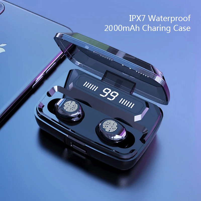 TWS Bluetooth 5 0 наушники беспроводные 6D стерео IPX7 водонепроницаемые с 2000 мАч Charing чехол