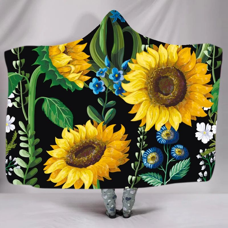 

sunflower Hooded Blanket for Adults Floral Sherpa Fleece Wearable plush Throw Blanket on Bed Sofa Thick warm B2023