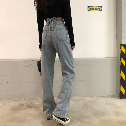 

Knot Drawstring Women Jeans Spring 2021 Solid High Waist Zipper Button Ladies Pants Loose Wide Leg Female Trousers 49769