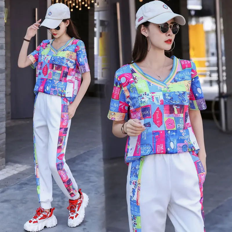 

V-neck Short Sleeve Sports Suit Women's Summer New Loose T-shirt