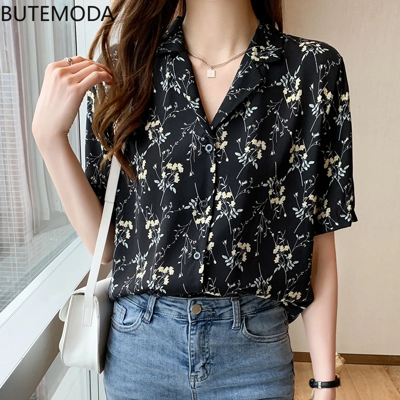 

Butemoda черный Цветочный принт с короткими рукавами и лацканами блузка, повседневная, на кнопках на лето рубашка для отдыха Стиль модная дамск...