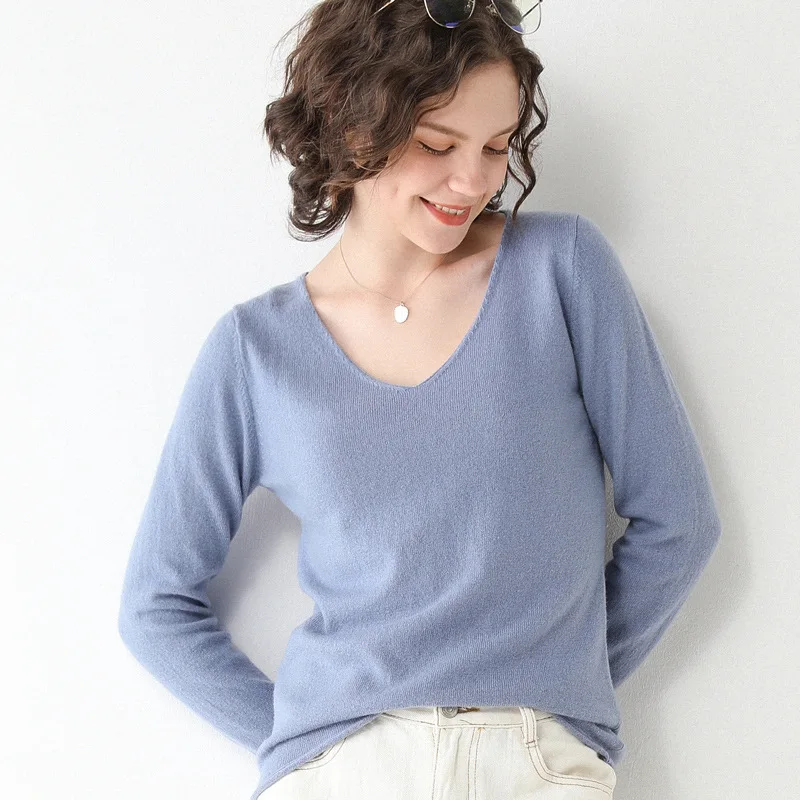 Женский пуловер из 100% натуральной шерсти свитер с V образным вырезом и длинным