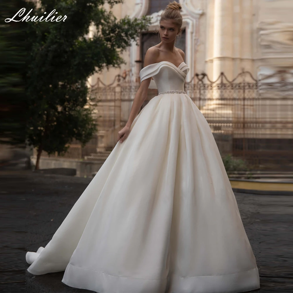 

Lhuilier Elegant A-line Off the Shoulder Satin Wedding Dresses 2020 Floor Length Court Train Bridal Dress with Beading Belt