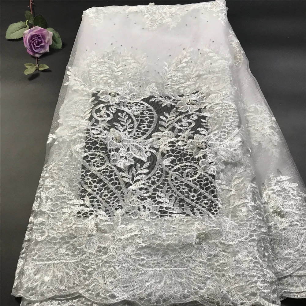 Африканская кружевная ткань 2021 высококачественное кружево с бисером/белый тюль