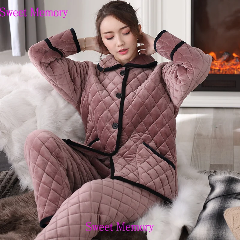 

2020 Sweet Memory Christmas Gift Women Winter Pajamas Set Ladies Warm Sleepwear Long Sleeve Home Clothes and Pant