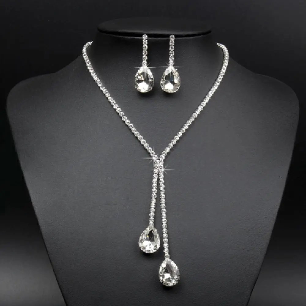 

Bridal Wedding Party Rhinestone Waterdrop Pendant Necklace Earrings Jewelry Set Pendant Necklace Earrings Jewelry Set
