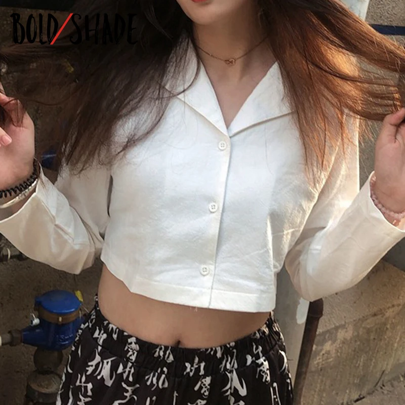 

Bold Shade Indie Vintage White Crop Blouse Button Breasted Long Sleeve Street Fashion for Teen Girls Y2K Style Shirts 2021 Hot