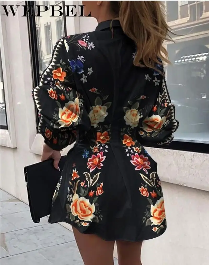

WEPBEL Ladies Elegant Casual Fashion Lantern Sleeve Turn Down Collar Corset Print Blouse Top Women Autumn Long Sleeve Long Shirt
