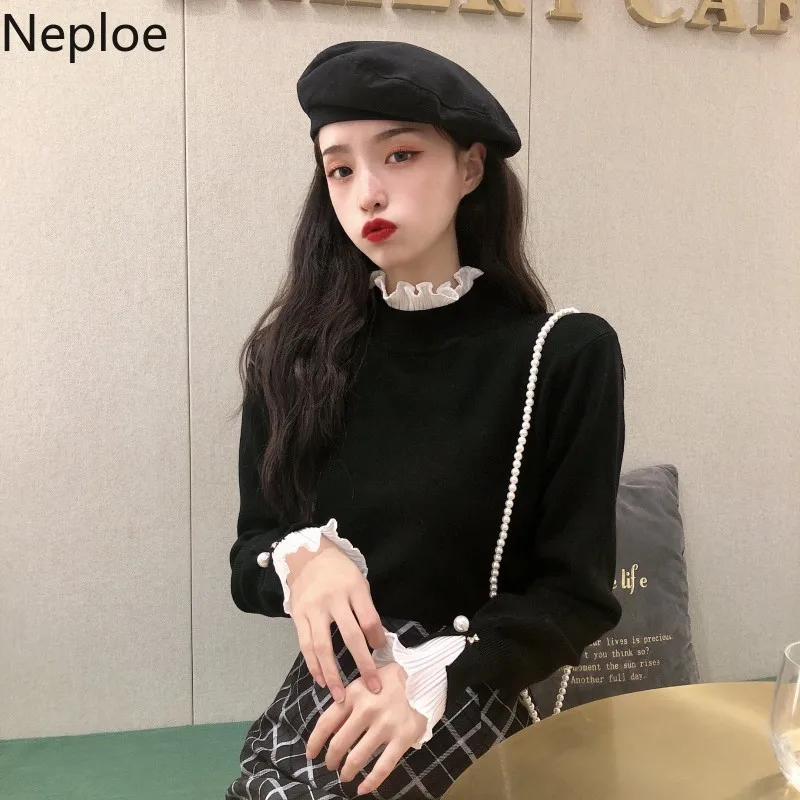 Neploe дизайнерский шерстяной свитер с ушками высоким воротником кружевами в стиле