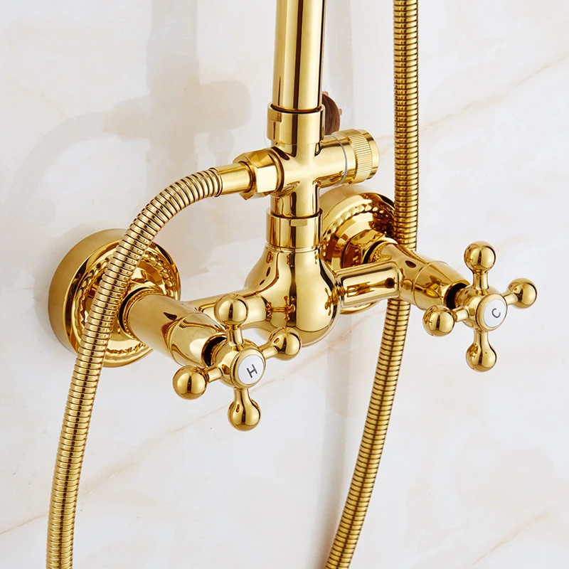 Бесплатная доставка роскошный золотой Латунный смеситель для душа с двойной