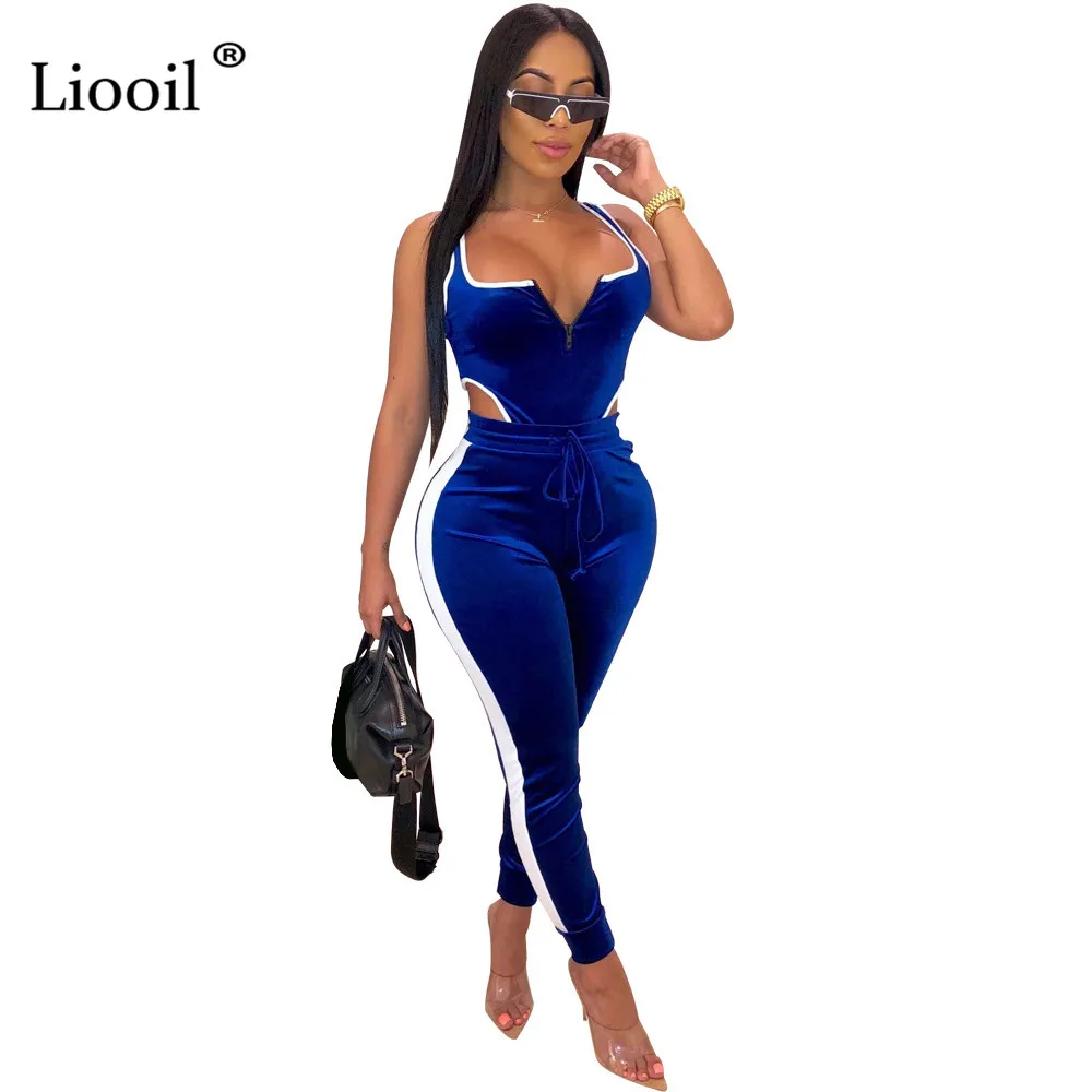 Liooil/Бархатный комплект из двух предметов, Женская праздничная одежда, синие Клубные наряды, сексуальное боди на молнии, длинные штаны, вечерние облегающие комплекты