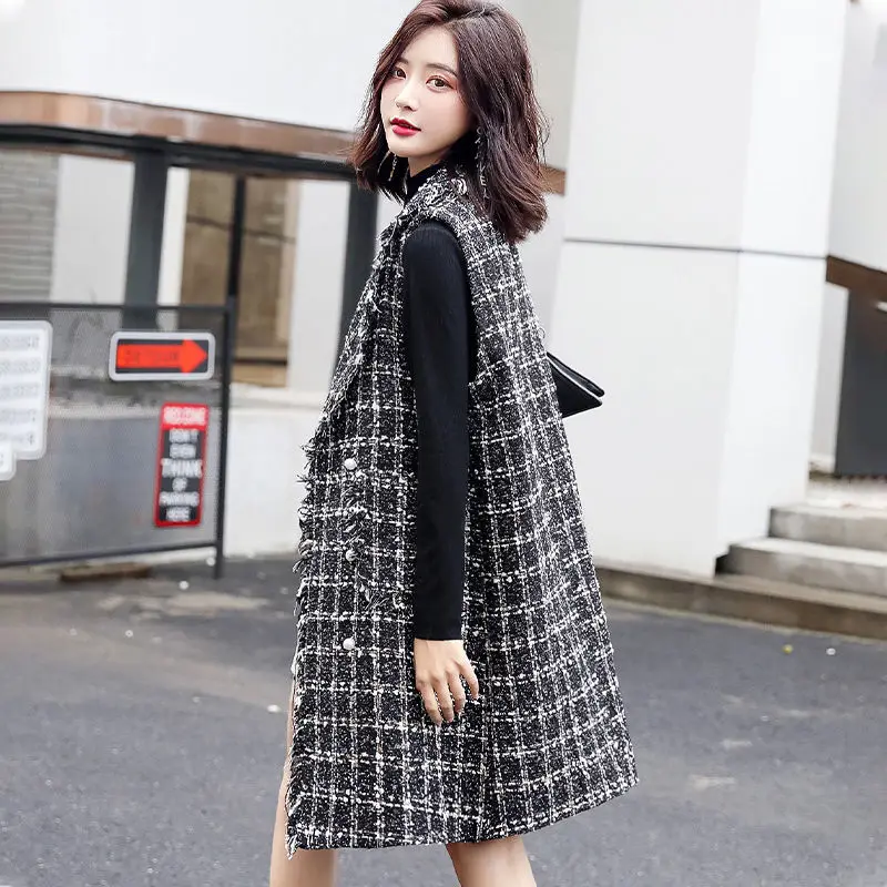 

2021 Fashion Oversize Women Woolen Long Vest Spring Autumn Plaid V Neck Elegant Woman Sleeveless Jacket Coat Female Outerwear