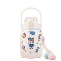304 stainless steel vacuum flask outdoor water bottle cute kids tumbler with straw straps handles portable thermos cup for girls