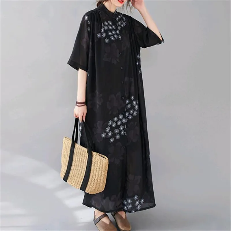 

Printed Tencel Cotton Stand Collar Dress 2020 Summer Plus Size Half Sleeve Breasted Stand Collar Long Dress Thin