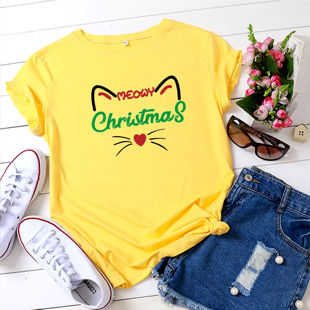 

2021 Summer Women's T-shirt Oversized Cartoon Christmas Print Shirt Pattern O-neck Short-sleeved T-shirt 100% Cotton T-shirt Top