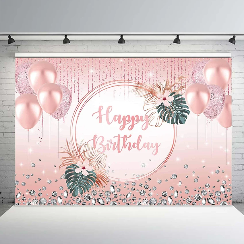 

Rose Gold Happy Birthday Party Backdrop Pink Glitter Background Women Girl Balloons Sweet 16th 30th 40th 50th 60th Banner