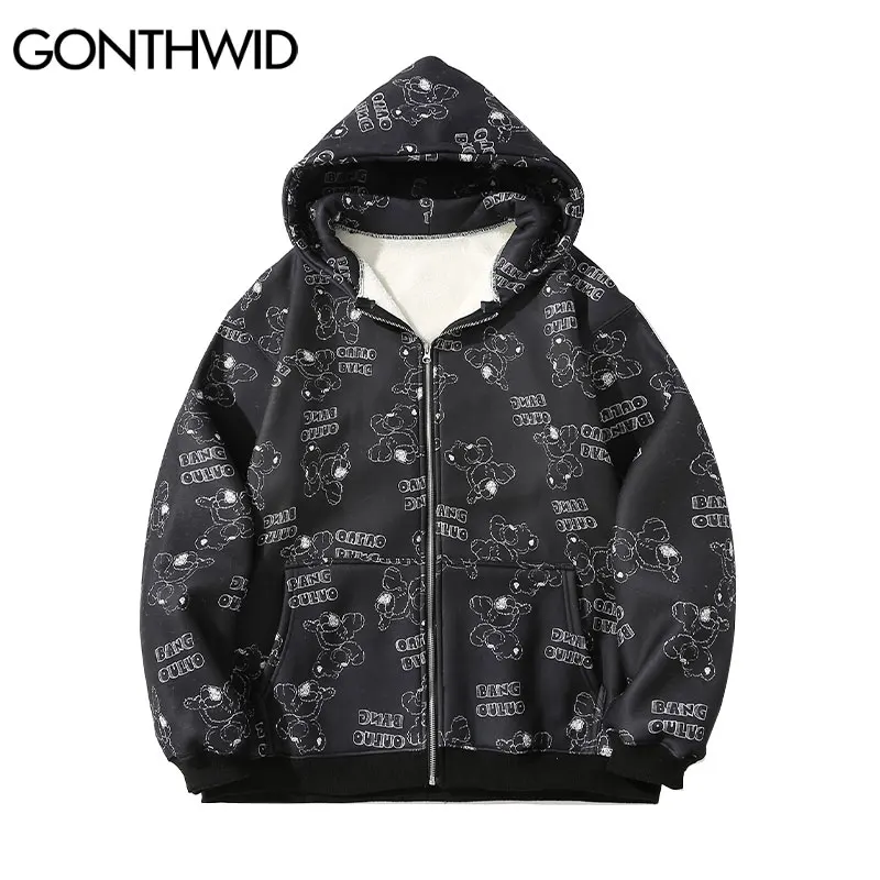 

GONTHWID Harajuku Streetwear Fleece Jackets Cartoon Bear Print Hooded Full Zipper Hooded Sweatshirts Coats Hip Hop Loose Tops
