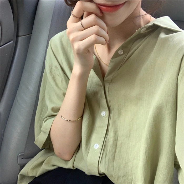 

Houthion Chiffon Loose Women's Blouses Fashion Short Sleeve Top Solid Color Buttons Shirt Summer New Casual Blouse