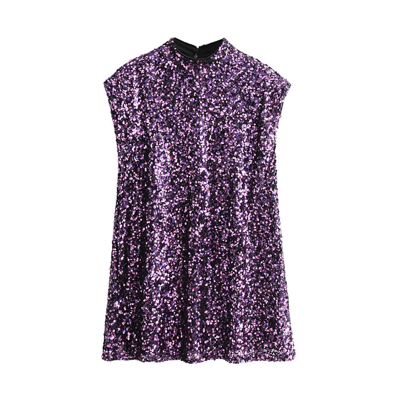 

EAYUCU Purple Chic Sequins Short Dress Women 2020 New Short Sleeve Loose Female Dresses Party Club Dress Robe Femme D439