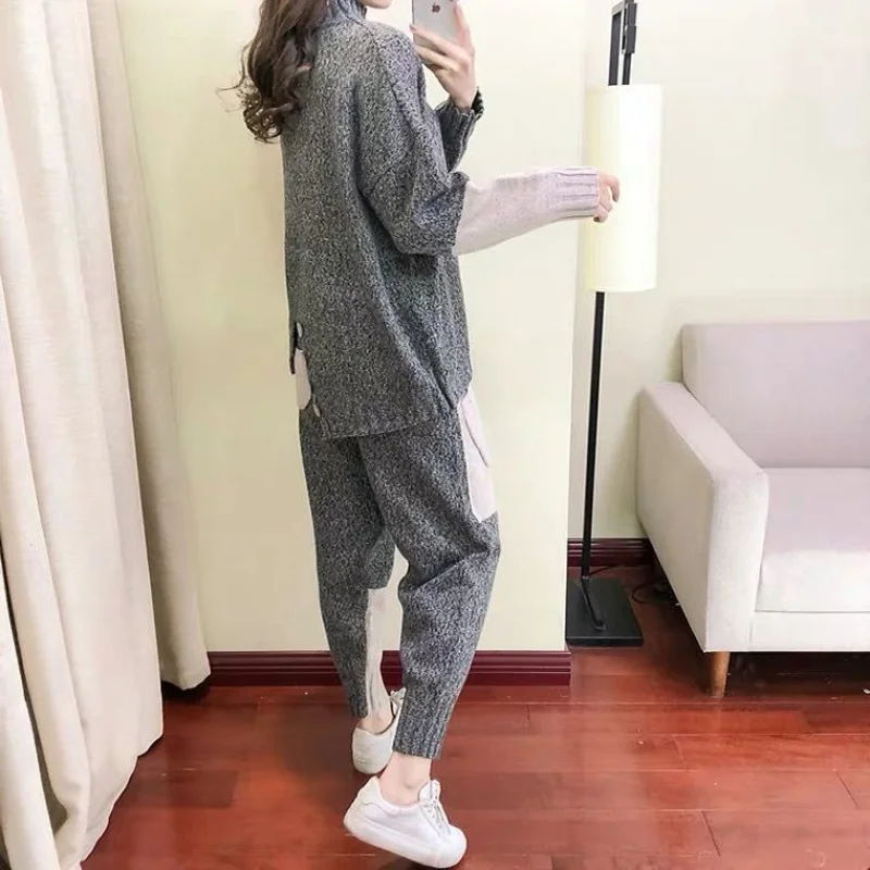 

Spring Autumn Casual Loose Stitching Color Knit 2 Piece Set Women Buttons Irregular Hem Pullover Top + Slim Fit Sweatpants Suit
