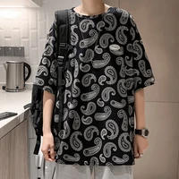 men t shirt oversized summer short sleeve o neck flower print korean fashion loose hip pop harajuku streetwear vintage male tops